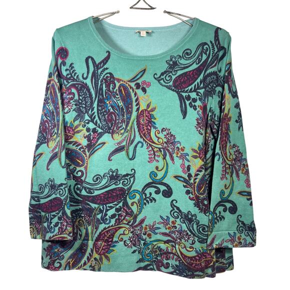 Talbots T Shirt Top Size Medium Petite Teal Paisley Print 3/4 Sleeve Soft Knit - Picture 1 of 7